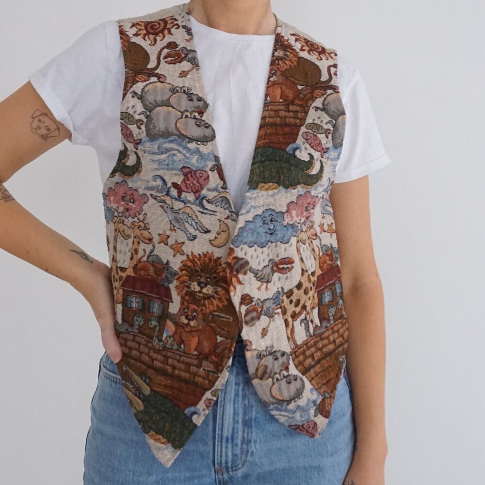 Vintage PASTA Noahs Ark Animal Tapestry Novelty Vest Safari Cottagecore M